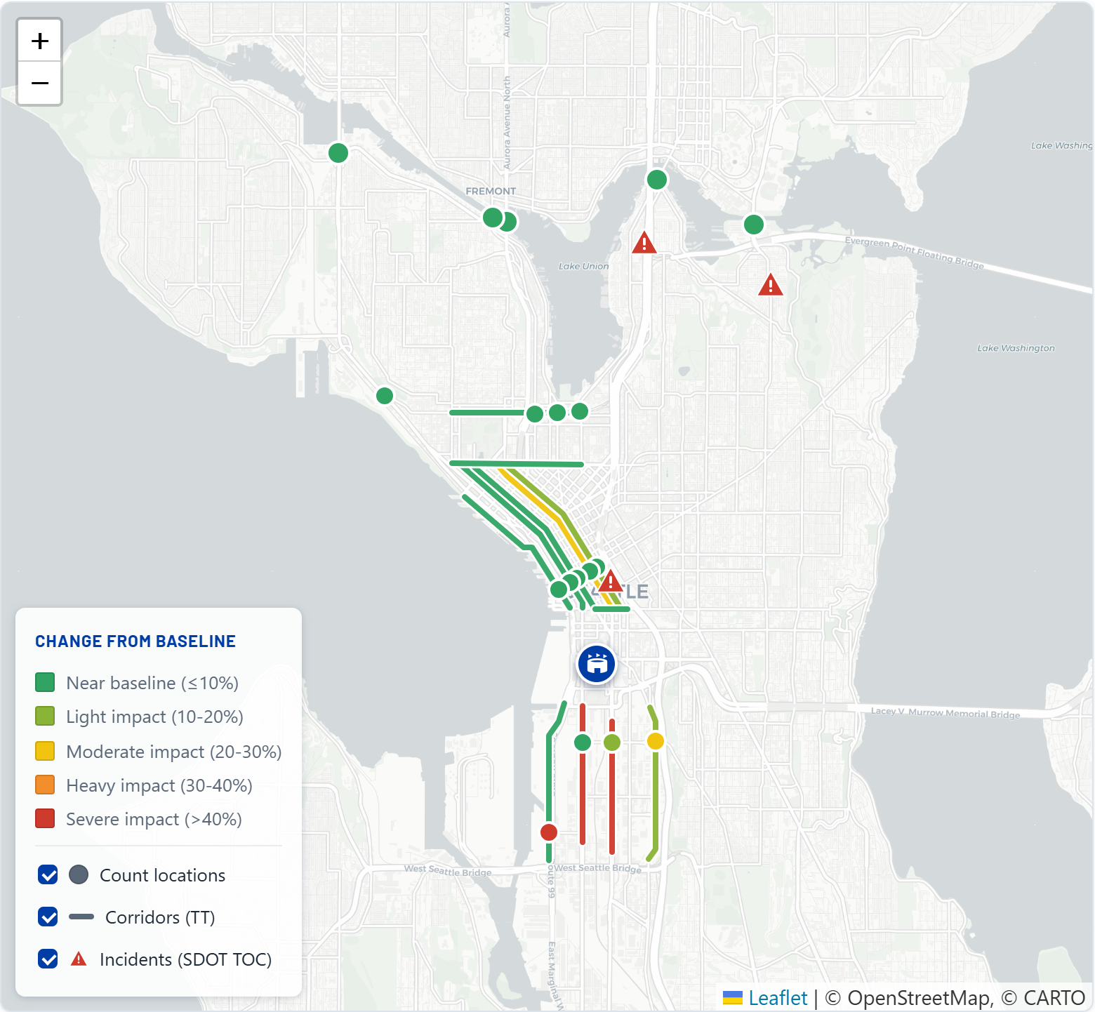 The Impacts map: count locations, corridors, and incidents colored by change